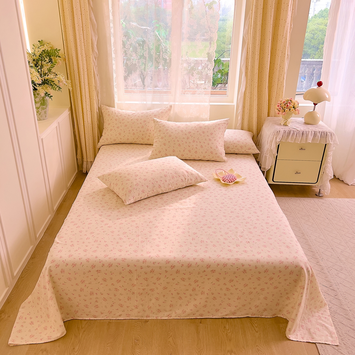 91家纺网 家纺一手货源 找家纺 DoDo 兜兜 2026新款全棉纯棉柔软双层纱单品床单系列（可定做尺寸） 格桑花-粉