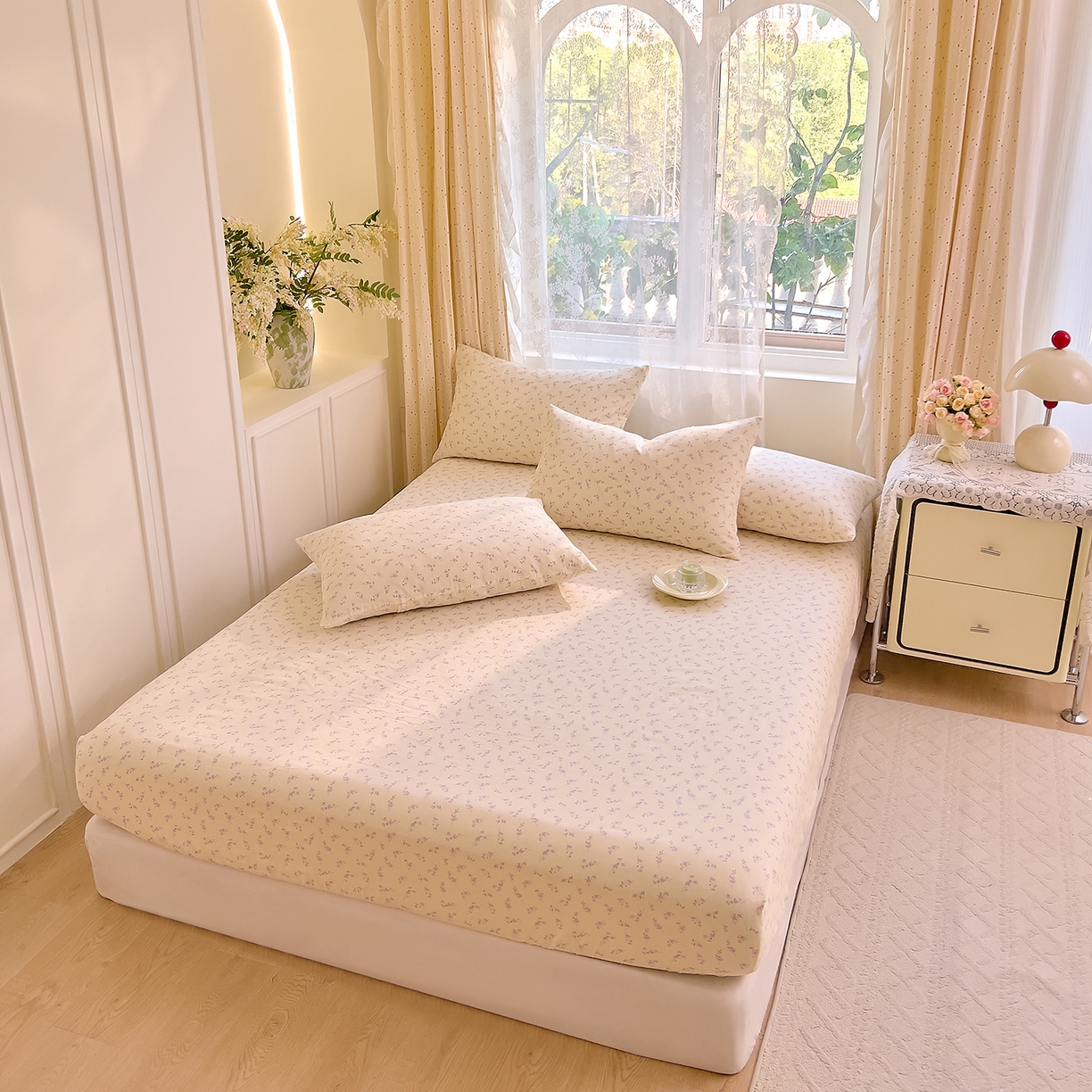 91家纺网 家纺一手货源 找家纺 DoDo 兜兜 2026新款全棉纯棉柔软双层纱单品床笠系列（可定做尺寸） 含笑-紫