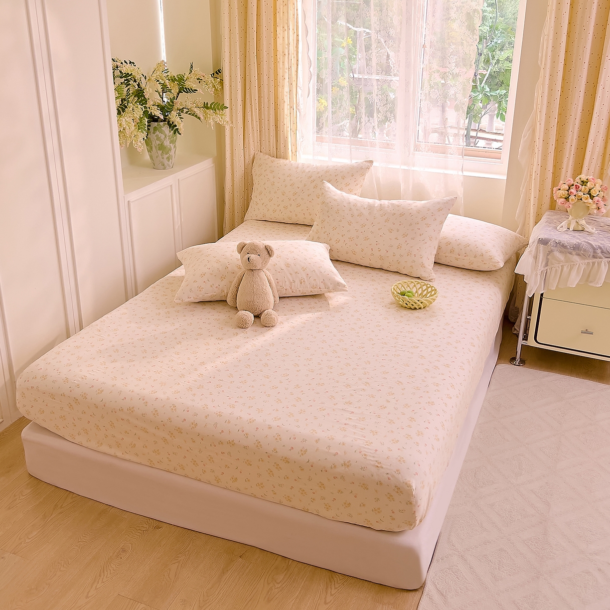 91家纺网 家纺一手货源 找家纺 DoDo 兜兜 2026新款全棉纯棉柔软双层纱单品床笠系列（可定做尺寸） 格桑花-黄