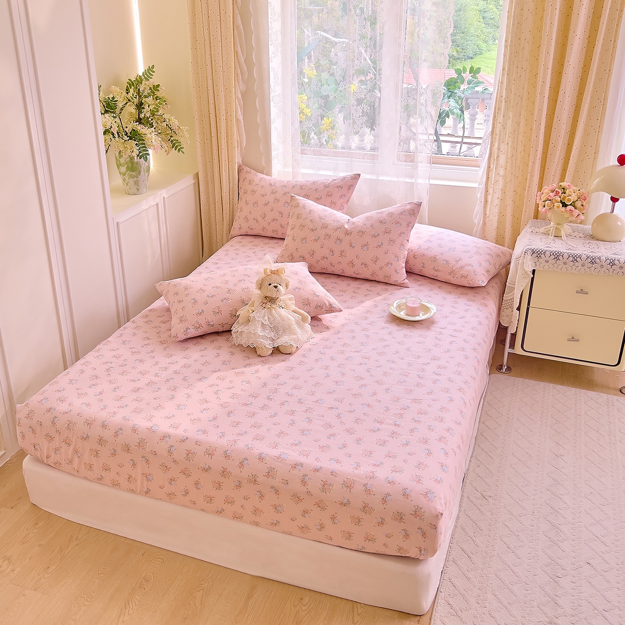 91家纺网 家纺一手货源 找家纺 DoDo 兜兜 2026新款全棉纯棉柔软双层纱单品床笠系列（可定做尺寸） 浅茉