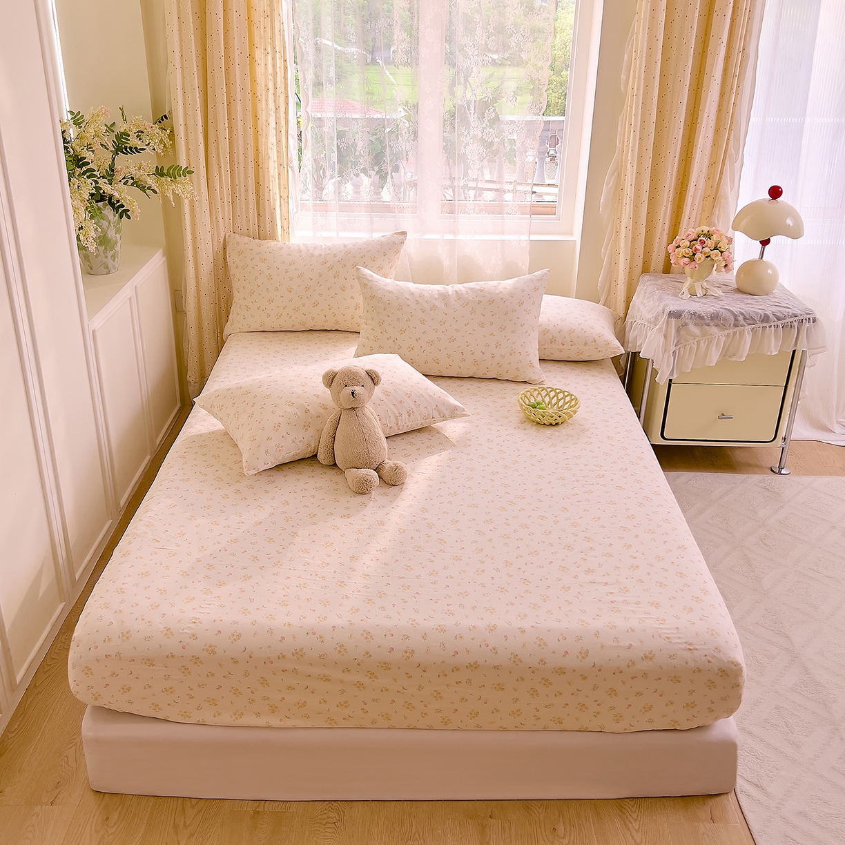 91家纺网 家纺一手货源 找家纺 DoDo 兜兜 2026新款全棉纯棉柔软双层纱单品床笠系列（可定做尺寸） 格桑花-黄