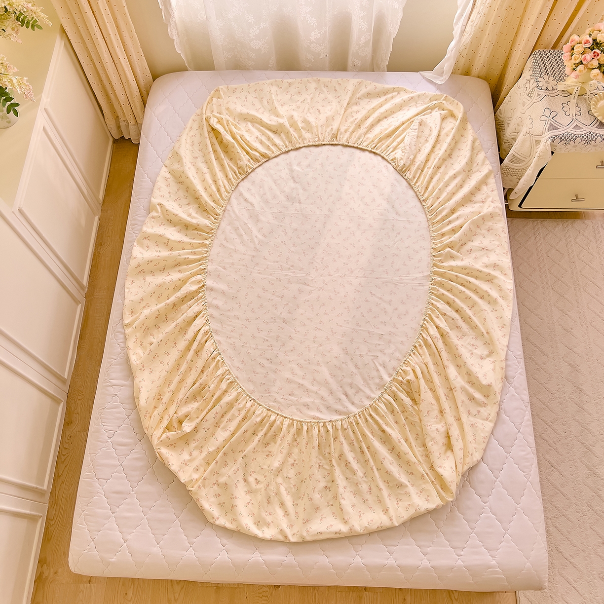 91家纺网 家纺一手货源 找家纺 DoDo 兜兜 2026新款全棉纯棉柔软双层纱单品床笠系列（可定做尺寸） 含笑-粉