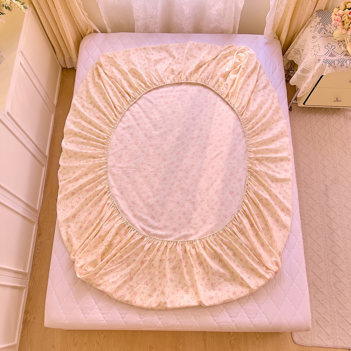 91家纺网 家纺一手货源 找家纺 DoDo 兜兜 2026新款全棉纯棉柔软双层纱单品床笠系列（可定做尺寸） 格桑花-粉