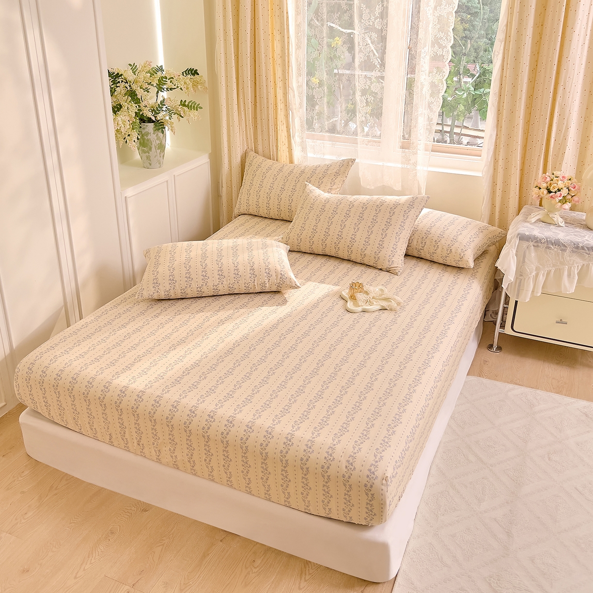 91家纺网 家纺一手货源 找家纺 DoDo 兜兜 2026新款全棉纯棉柔软双层纱单品床笠系列（可定做尺寸） 芷若