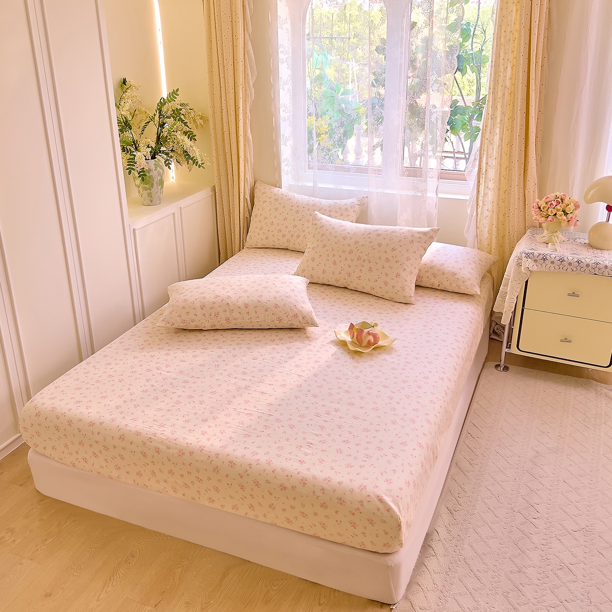 91家纺网 家纺一手货源 找家纺 DoDo 兜兜 2026新款全棉纯棉柔软双层纱单品床笠系列（可定做尺寸） 格桑花-粉