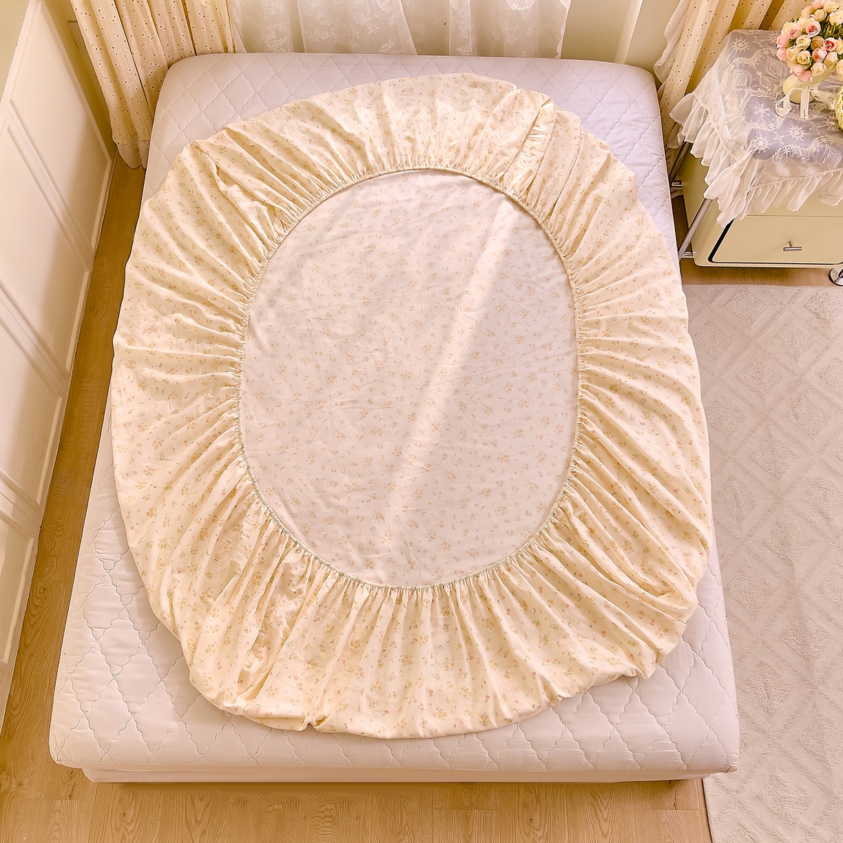 91家纺网 家纺一手货源 找家纺 DoDo 兜兜 2026新款全棉纯棉柔软双层纱单品床笠系列（可定做尺寸） 格桑花-黄