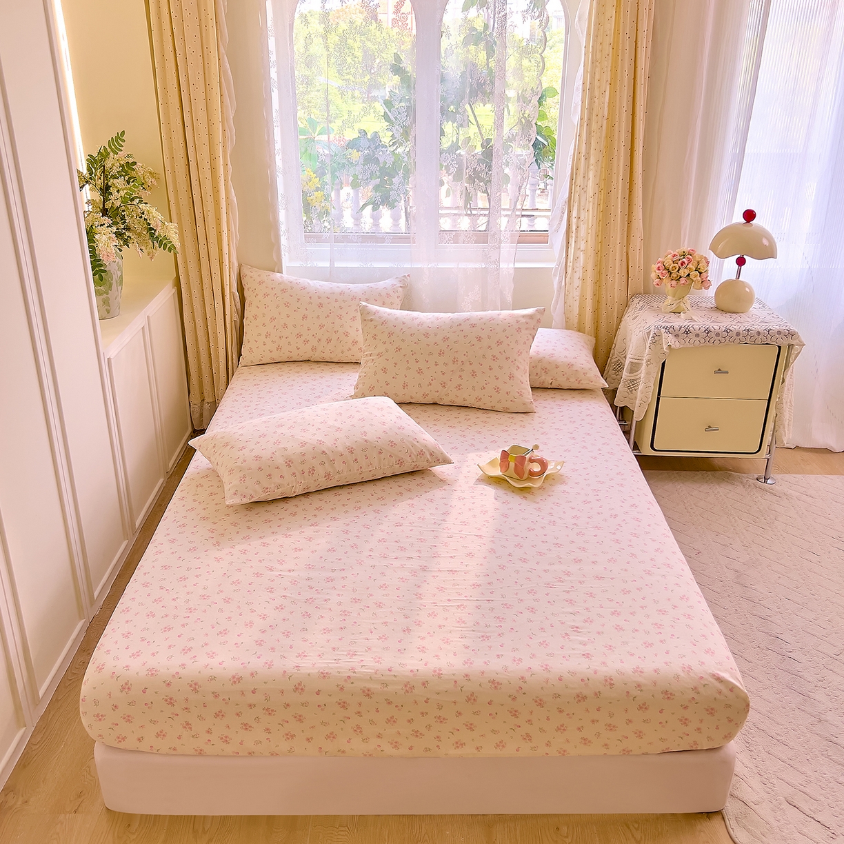 91家纺网 家纺一手货源 找家纺 DoDo 兜兜 2026新款全棉纯棉柔软双层纱单品床笠系列（可定做尺寸） 格桑花-粉