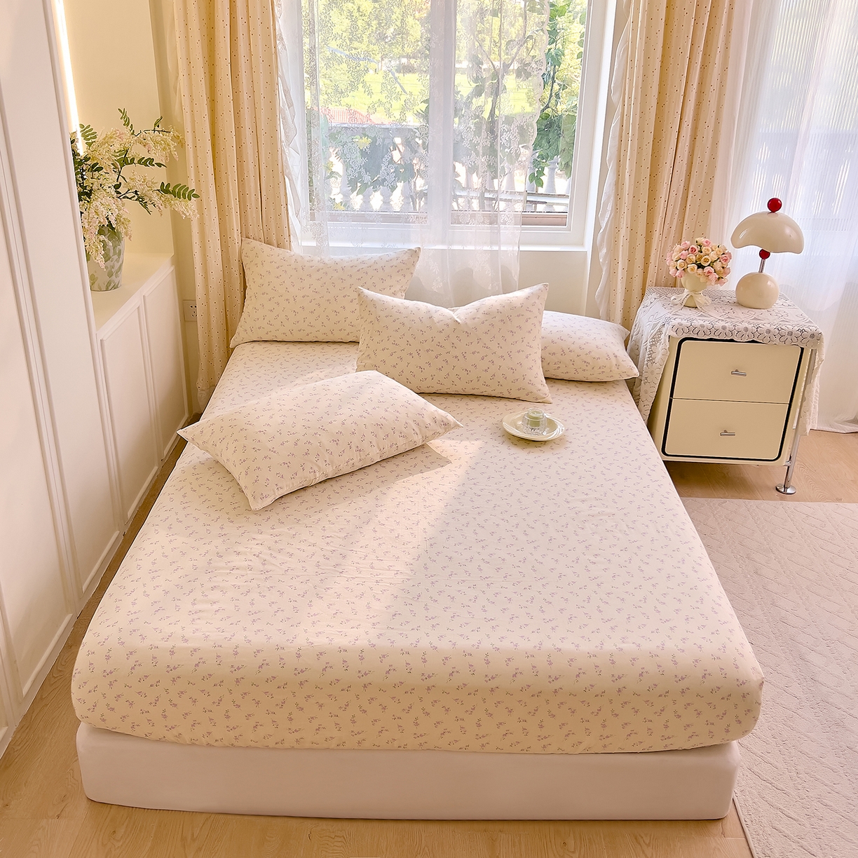 91家纺网 家纺一手货源 找家纺 DoDo 兜兜 2026新款全棉纯棉柔软双层纱单品床笠系列（可定做尺寸） 含笑-紫