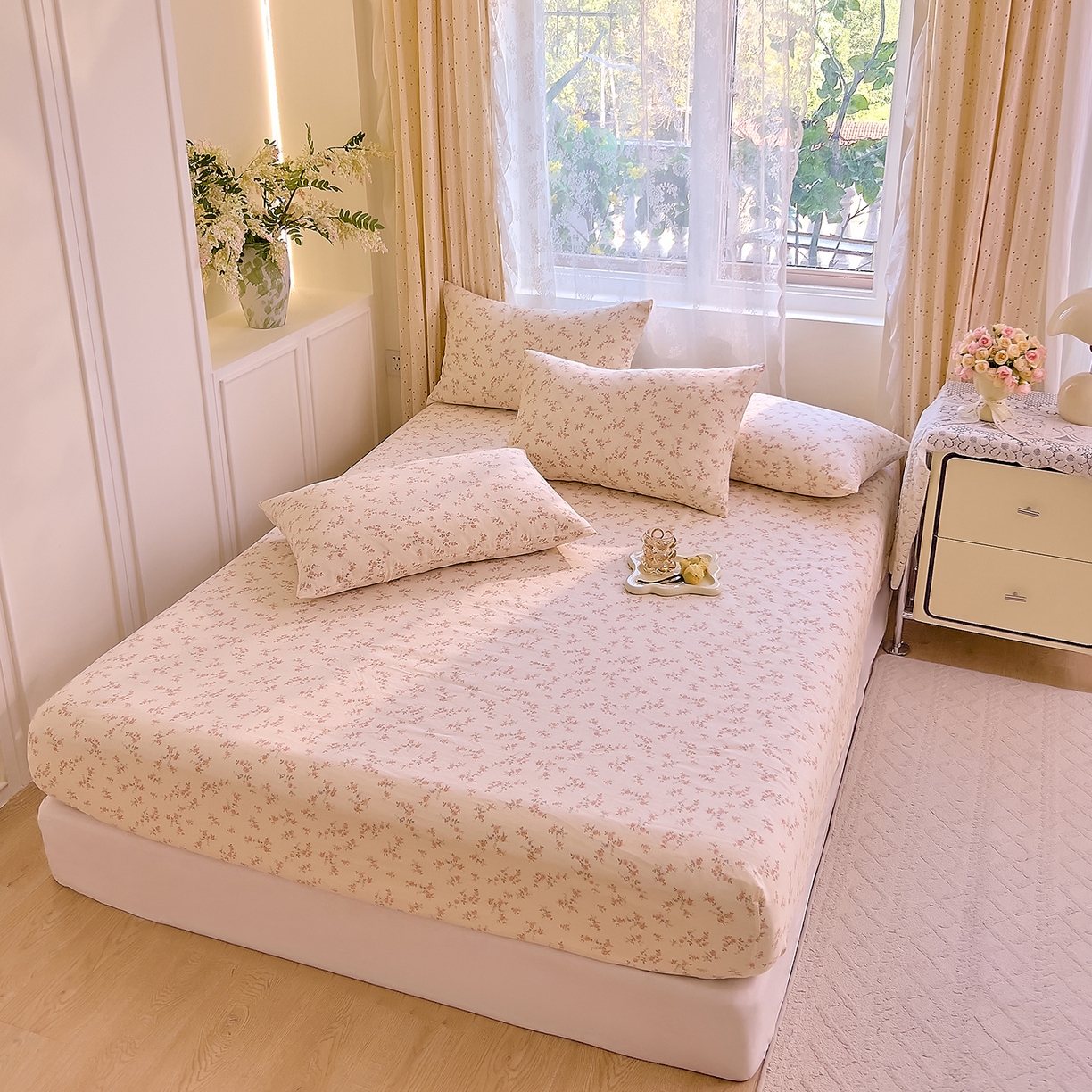 91家纺网 家纺一手货源 找家纺 DoDo 兜兜 2026新款全棉纯棉柔软双层纱单品床笠系列（可定做尺寸） 美娜