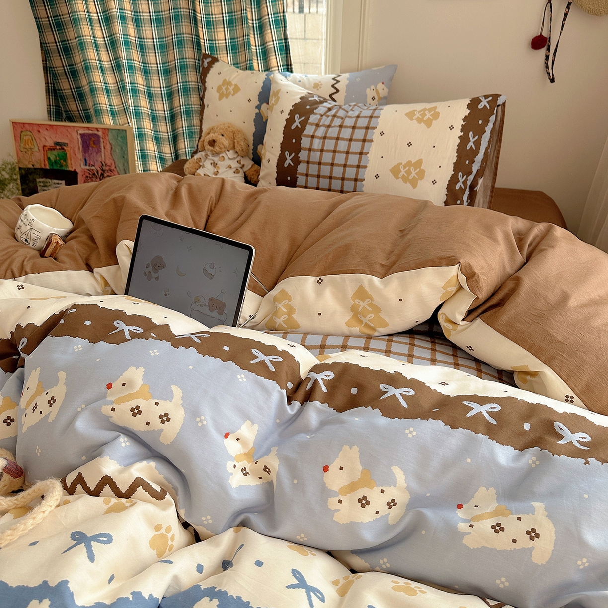 91家纺网 家纺一手货源 找家纺 （总）桃子家居 2026新款ins小清新费尔岛猫咪全棉纯棉印花四件套