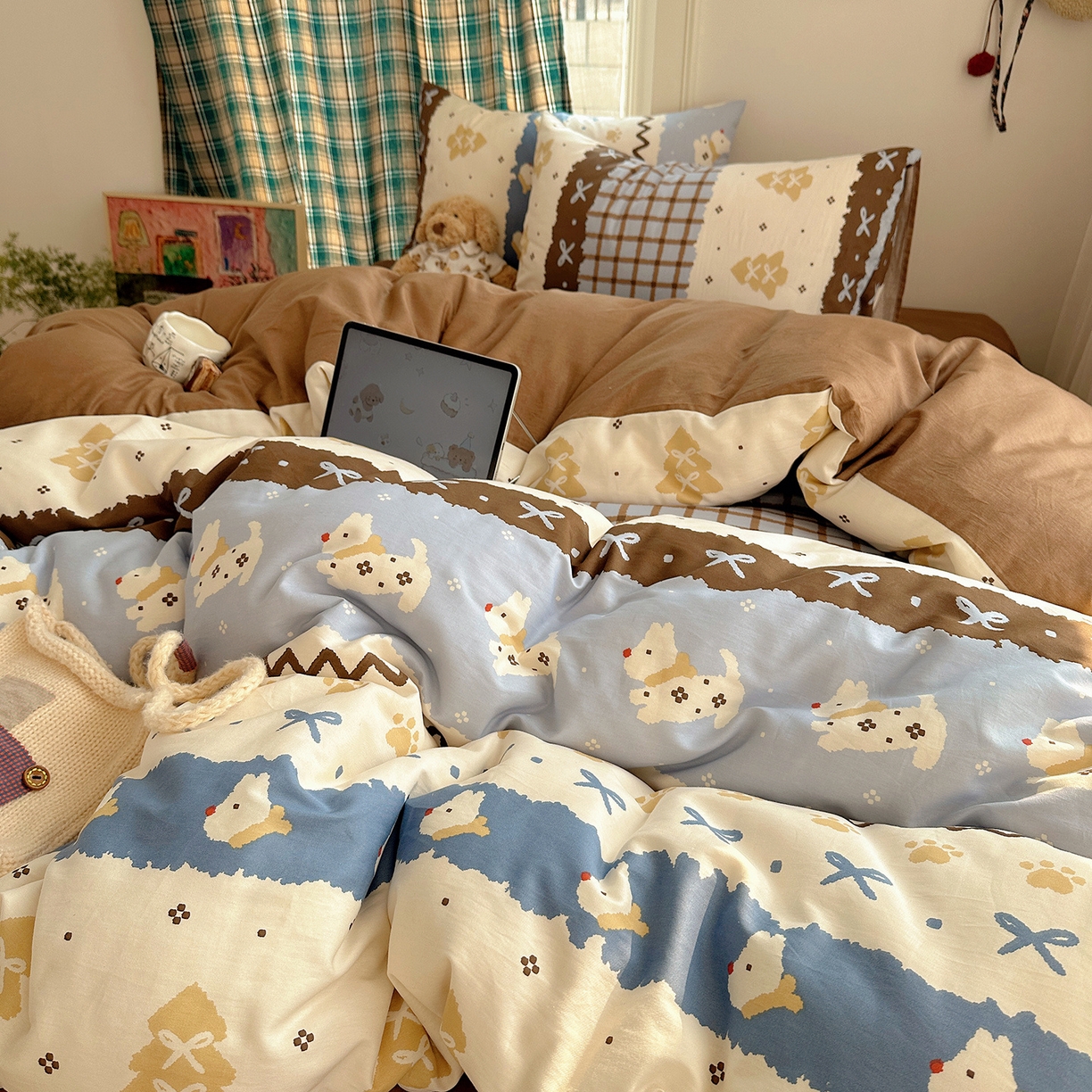 91家纺网 家纺一手货源 找家纺 （总）桃子家居 2026新款ins小清新费尔岛猫咪全棉纯棉印花四件套