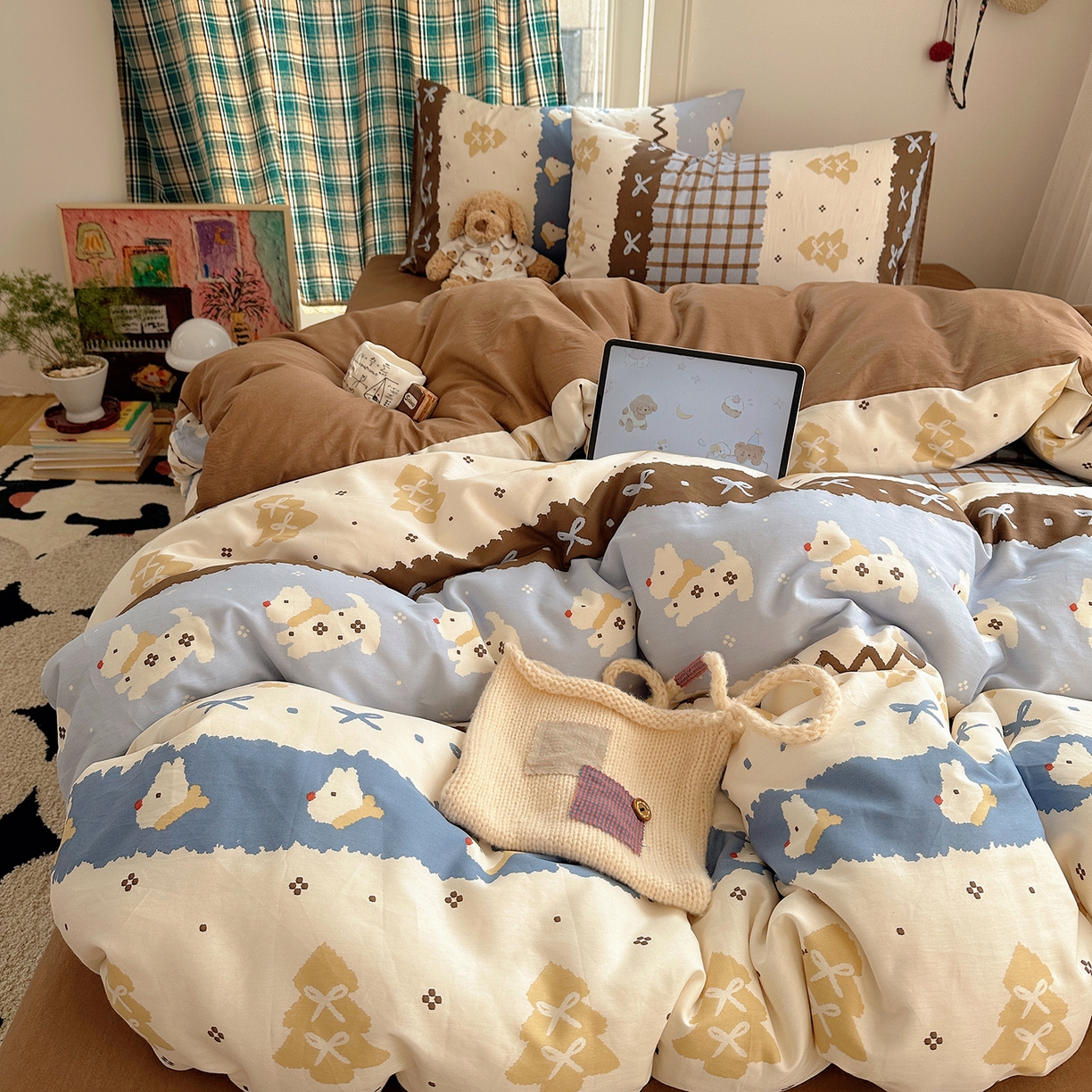 91家纺网 家纺一手货源 找家纺 （总）桃子家居 2026新款ins小清新费尔岛猫咪全棉纯棉印花四件套