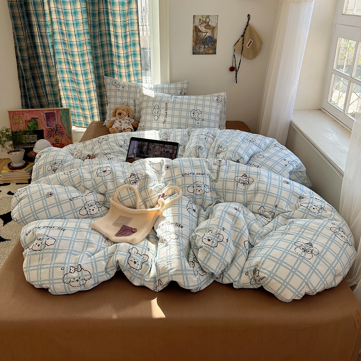 91家纺网 家纺一手货源 找家纺 （总）桃子家居 2026新款ins小清新费尔岛猫咪全棉纯棉印花四件套