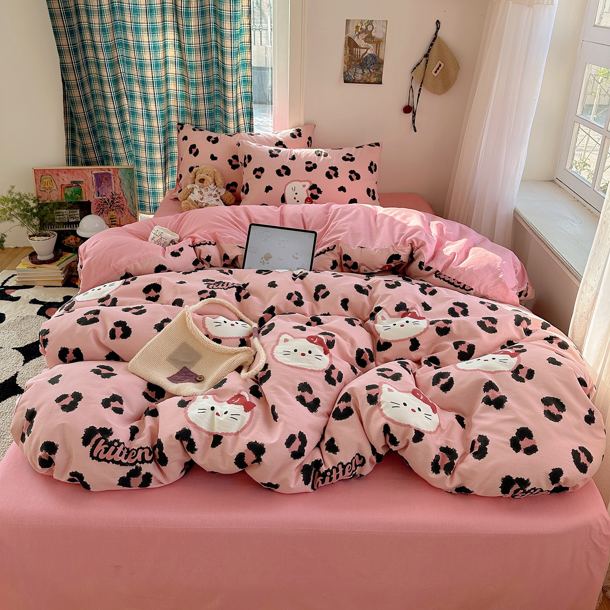 91家纺网 家纺一手货源 找家纺 （总）桃子家居 2026新款ins小清新费尔岛猫咪全棉纯棉印花四件套