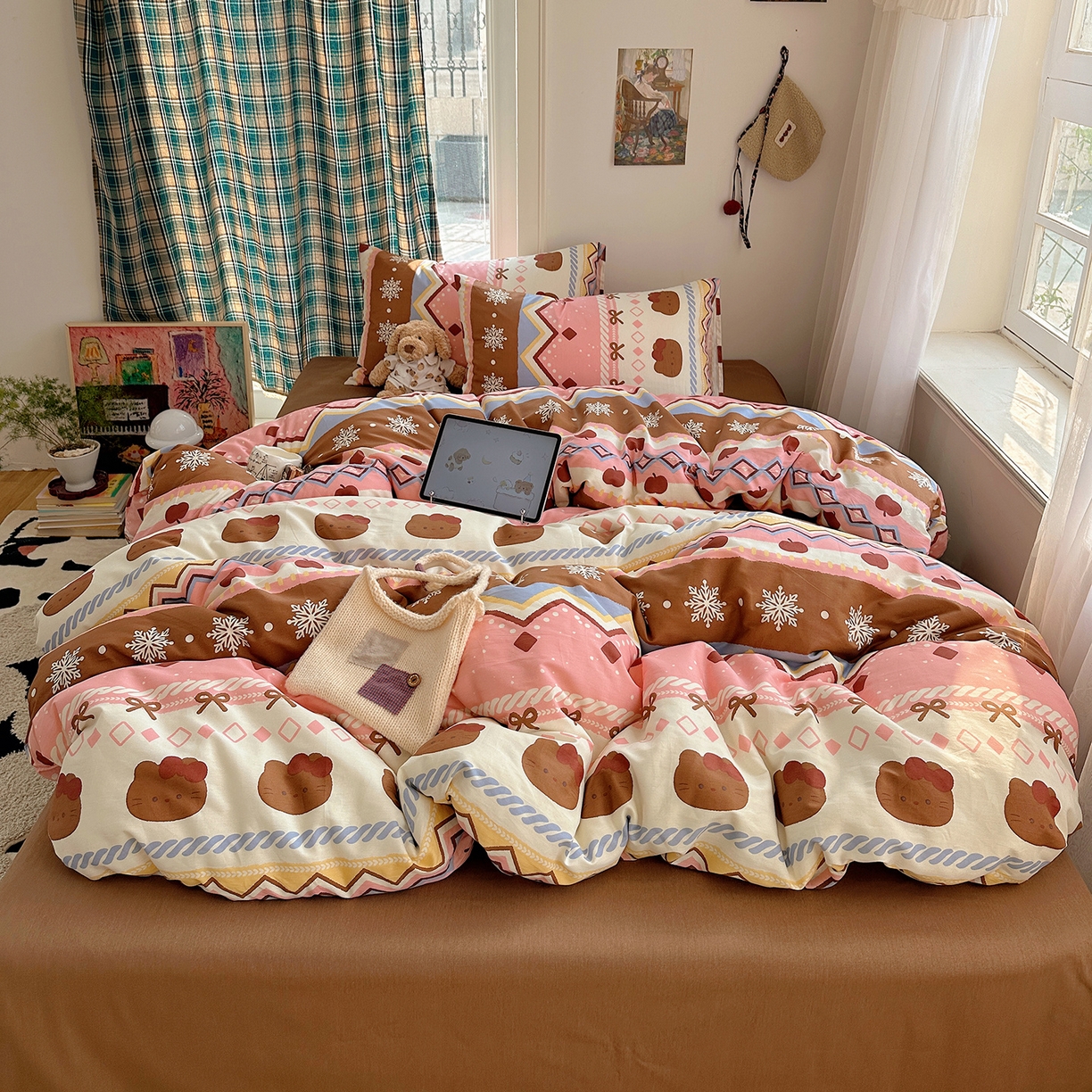 91家纺网 家纺一手货源 找家纺 （总）桃子家居 2026新款ins小清新费尔岛猫咪全棉纯棉印花四件套