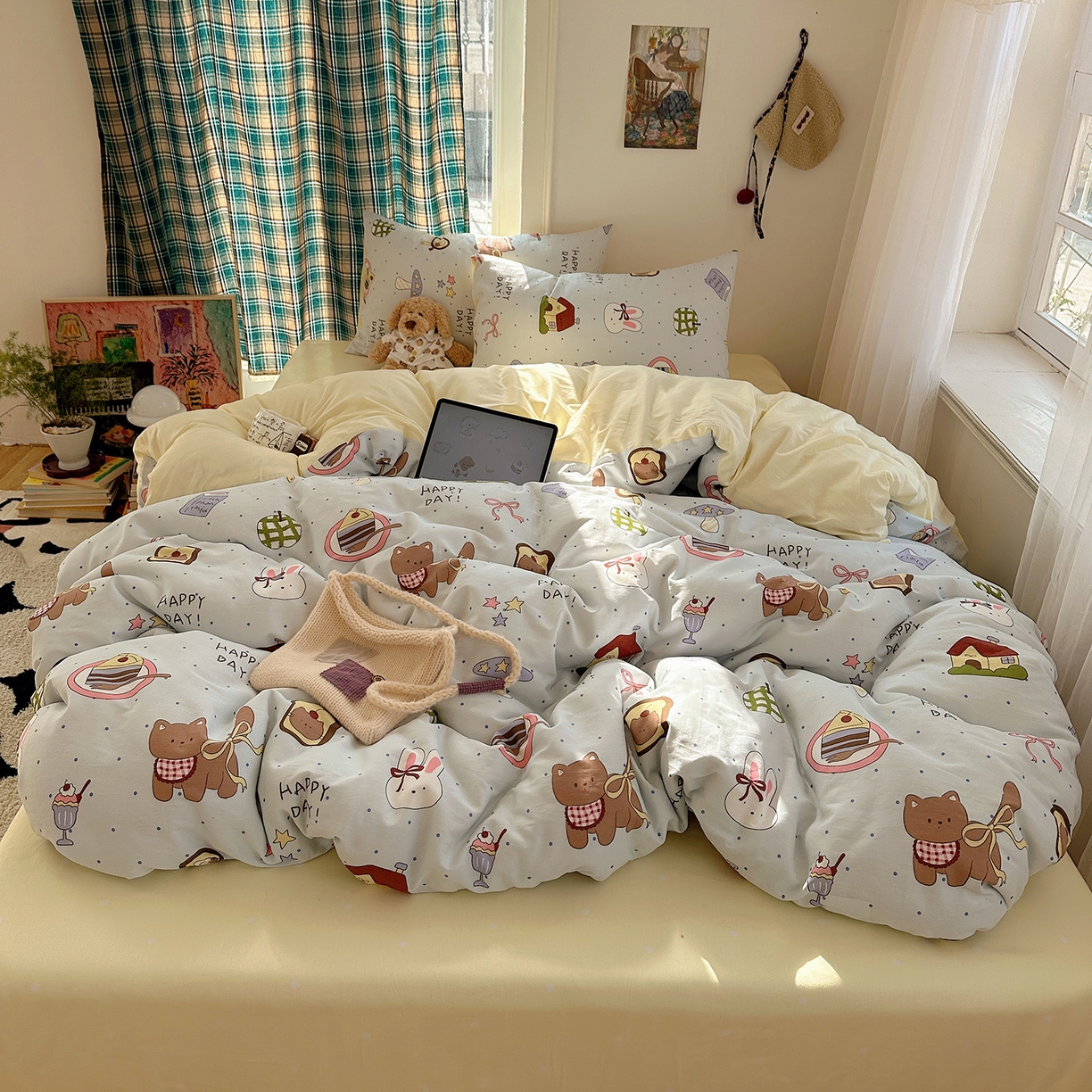 91家纺网 家纺一手货源 找家纺 （总）桃子家居 2026新款ins小清新费尔岛猫咪全棉纯棉印花四件套