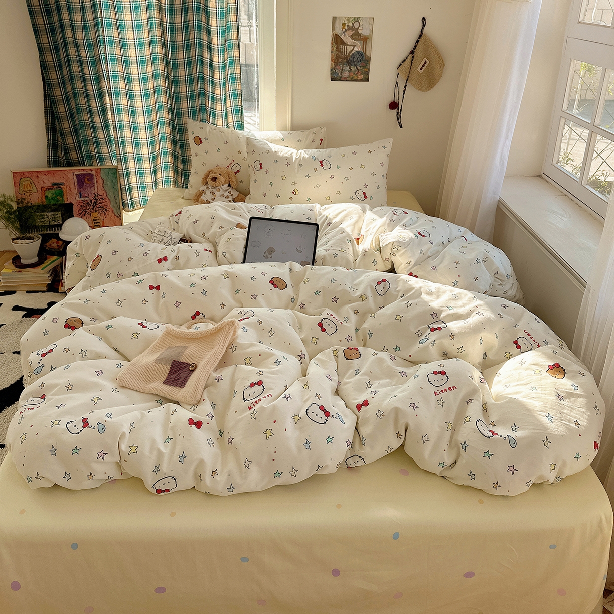 91家纺网 家纺一手货源 找家纺 （总）桃子家居 2026新款ins小清新费尔岛猫咪全棉纯棉印花四件套