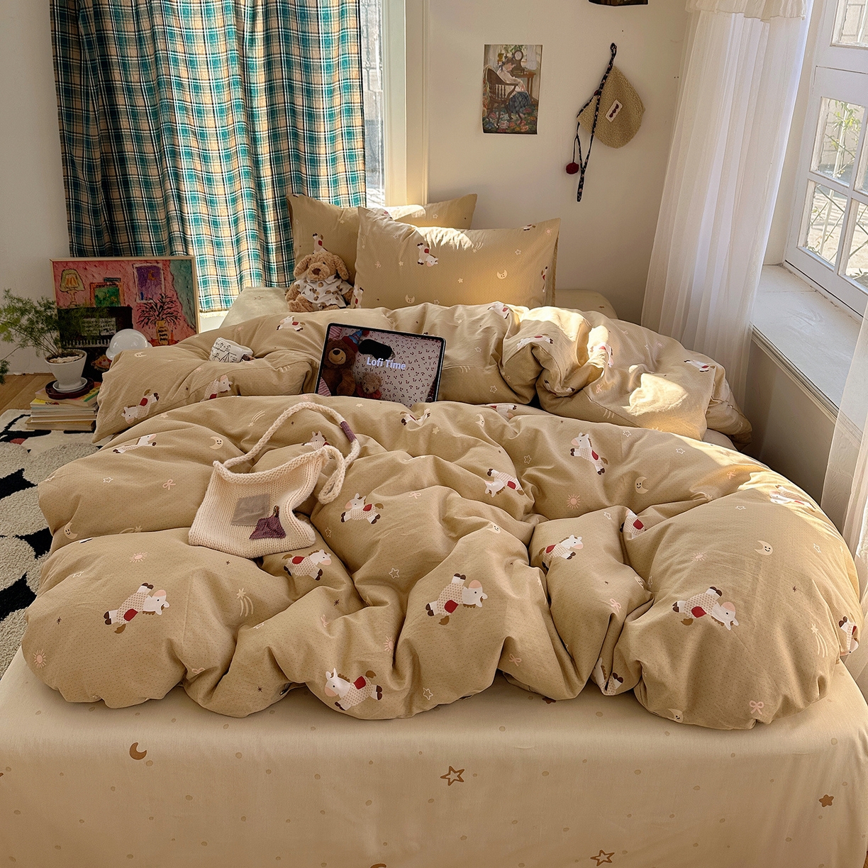 91家纺网 家纺一手货源 找家纺 （总）桃子家居 2026新款ins小清新费尔岛猫咪全棉纯棉印花四件套