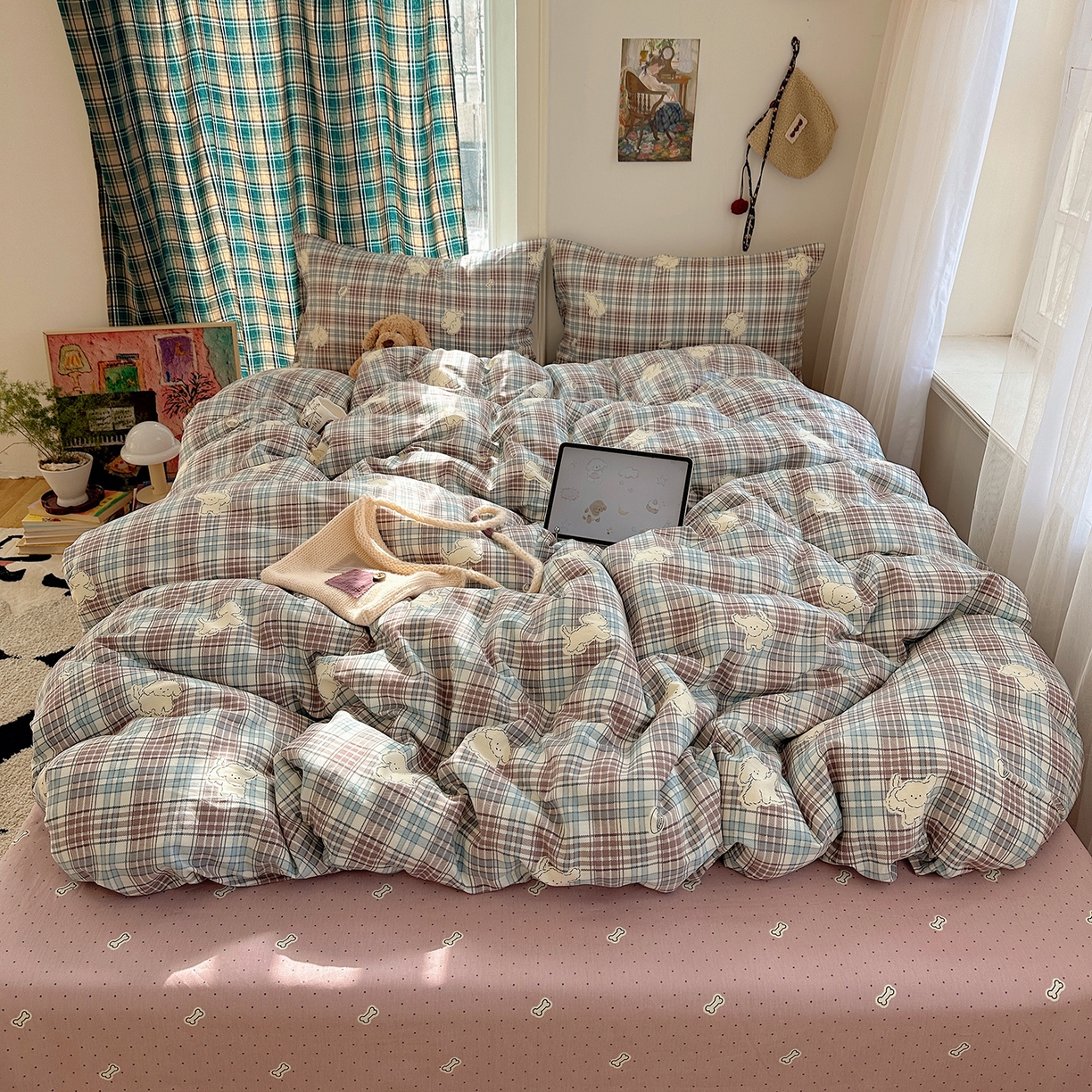 91家纺网 家纺一手货源 找家纺 （总）桃子家居 2026新款ins小清新费尔岛猫咪全棉纯棉印花四件套