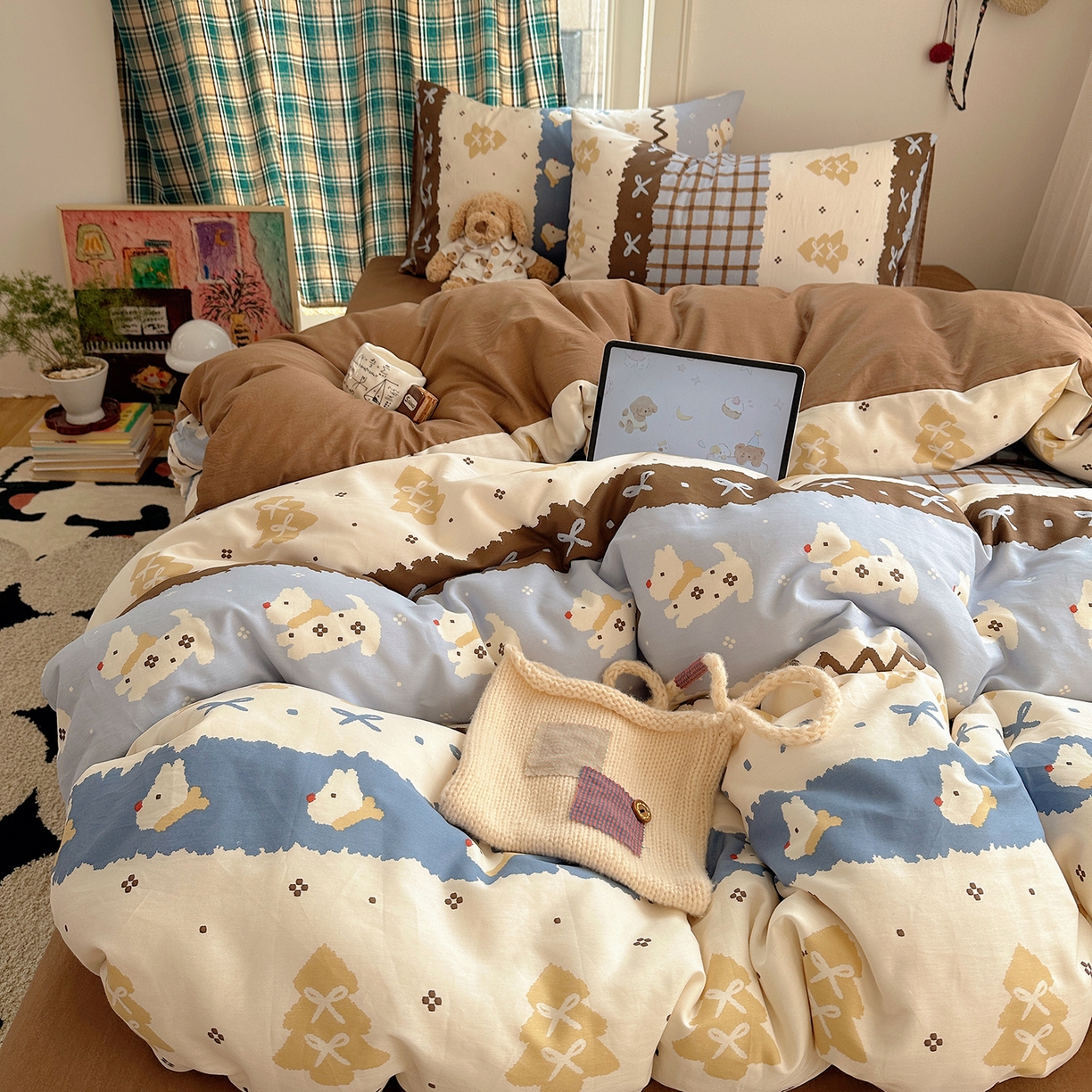 91家纺网 家纺一手货源 找家纺 桃子家居 2026新款ins小清新费尔岛猫咪全棉纯棉印花四件套 棉-费尔岛狗狗