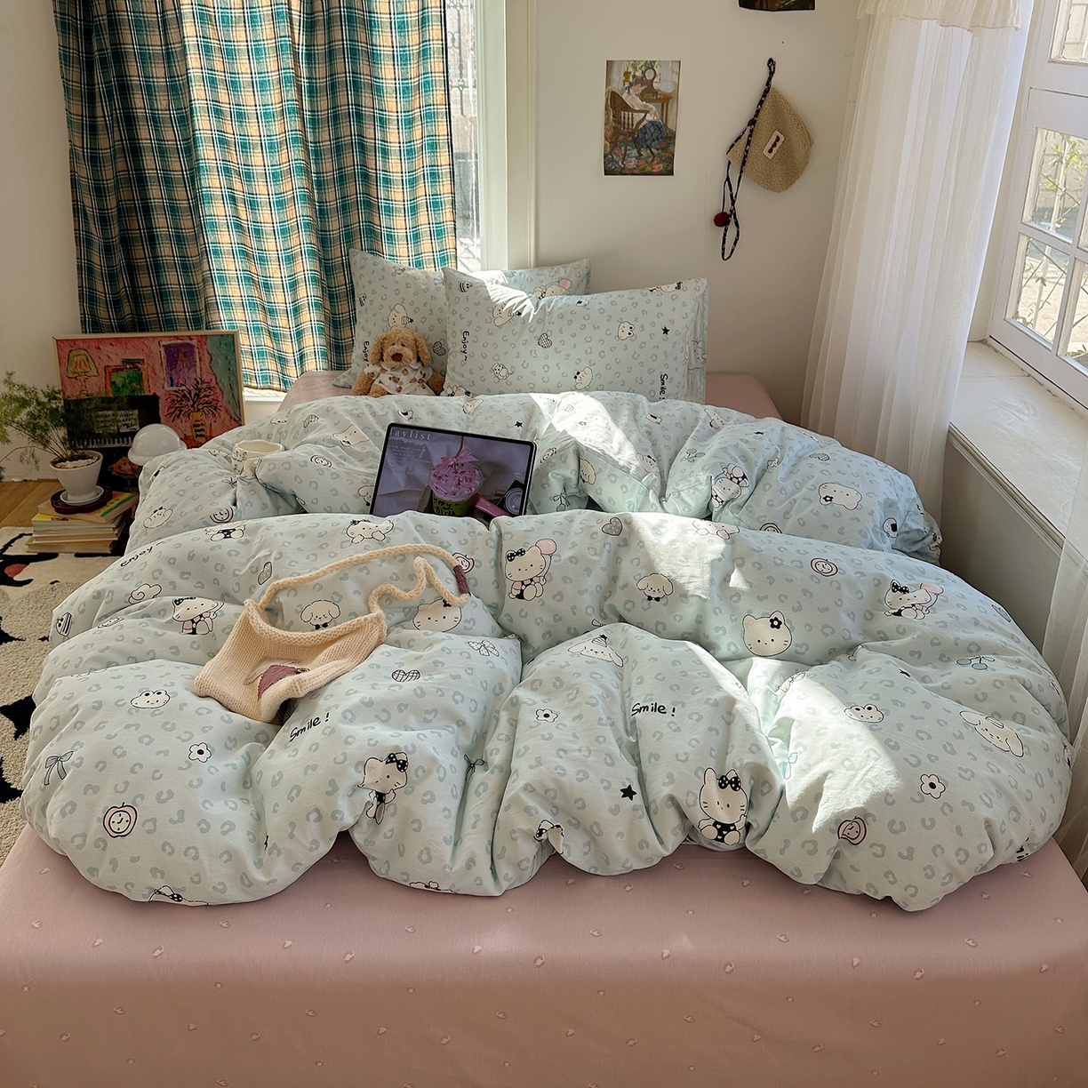 桃子家居 2026新款ins小清新费尔岛猫咪全棉纯棉印花四件套 棉-蓝豹纹猫