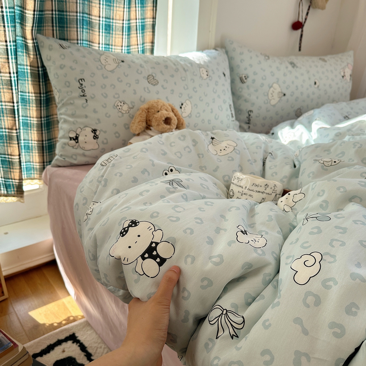 91家纺网 家纺一手货源 找家纺 桃子家居 2026新款ins小清新费尔岛猫咪全棉纯棉印花四件套 棉-蓝豹纹猫