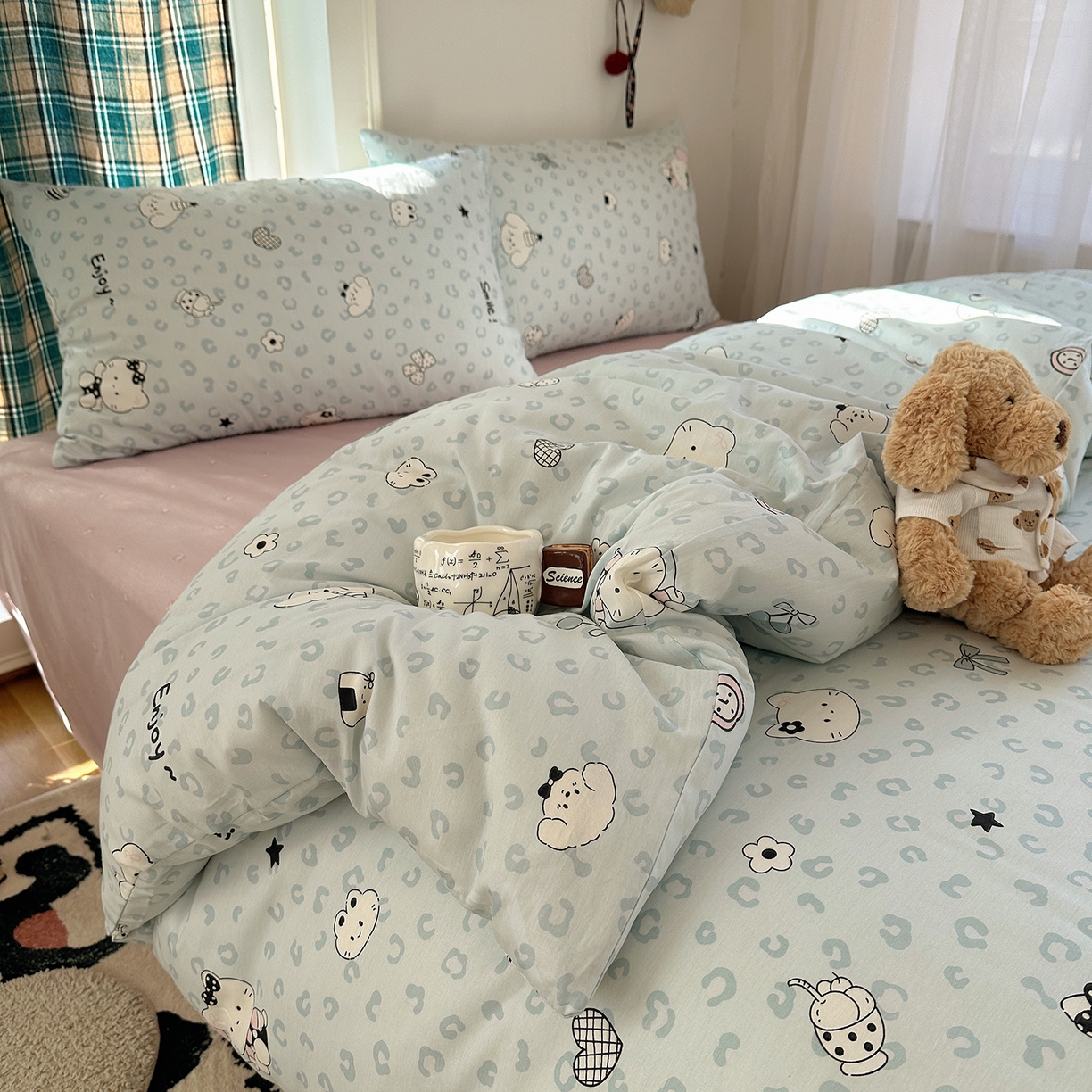 91家纺网 家纺一手货源 找家纺 桃子家居 2026新款ins小清新费尔岛猫咪全棉纯棉印花四件套 棉-蓝豹纹猫