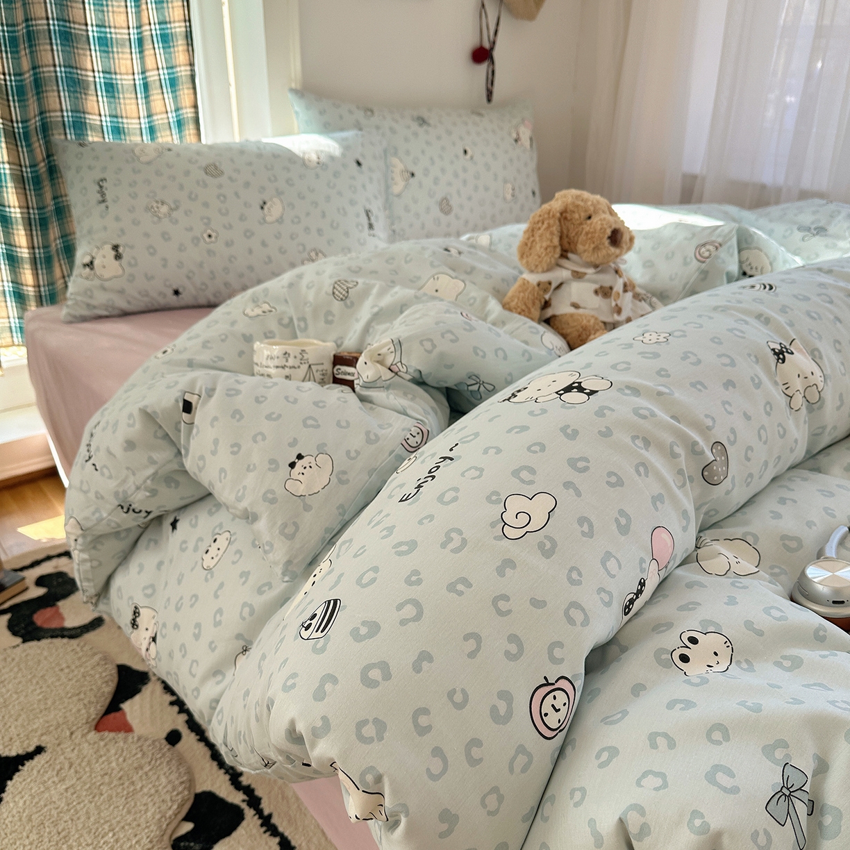 91家纺网 家纺一手货源 找家纺 桃子家居 2026新款ins小清新费尔岛猫咪全棉纯棉印花四件套 棉-蓝豹纹猫