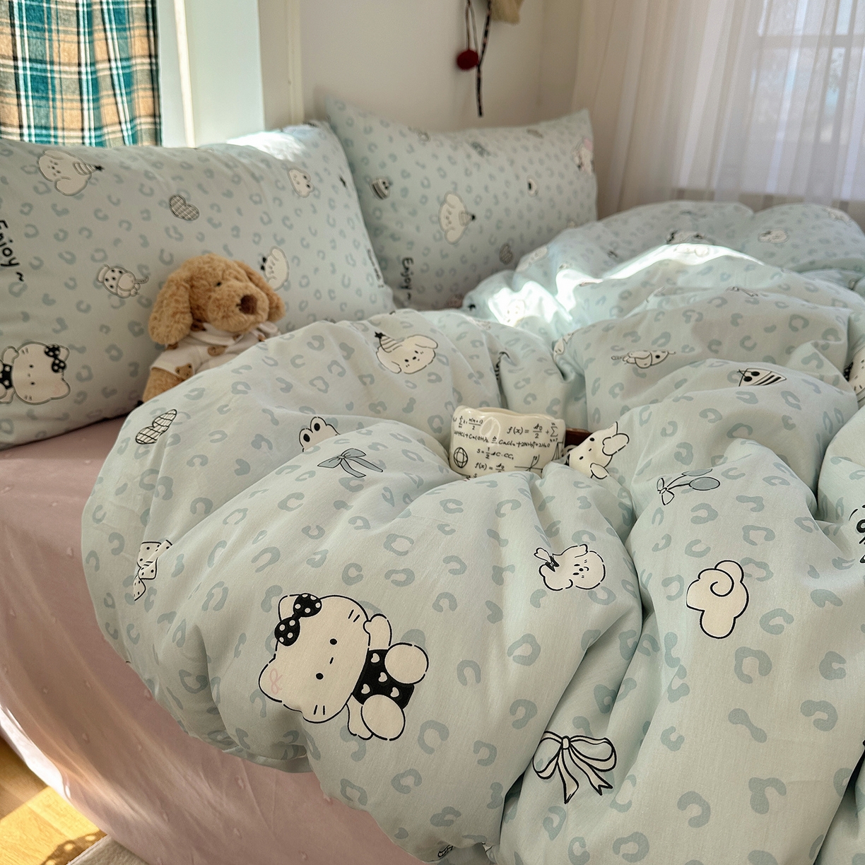 91家纺网 家纺一手货源 找家纺 桃子家居 2026新款ins小清新费尔岛猫咪全棉纯棉印花四件套 棉-蓝豹纹猫