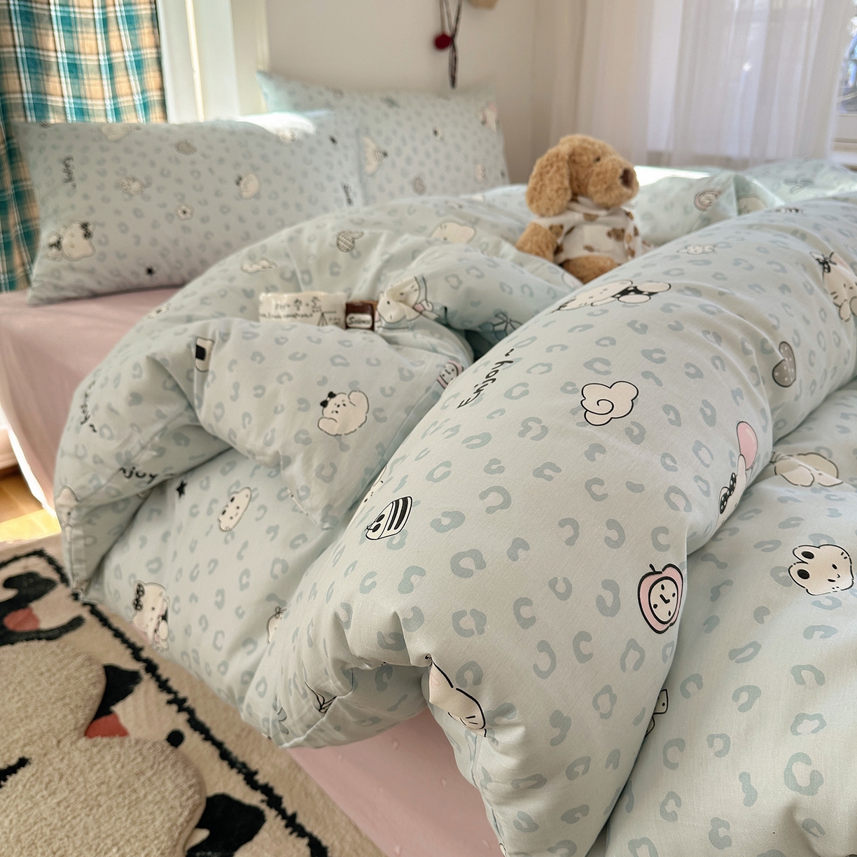 91家纺网 家纺一手货源 找家纺 桃子家居 2026新款ins小清新费尔岛猫咪全棉纯棉印花四件套 棉-蓝豹纹猫