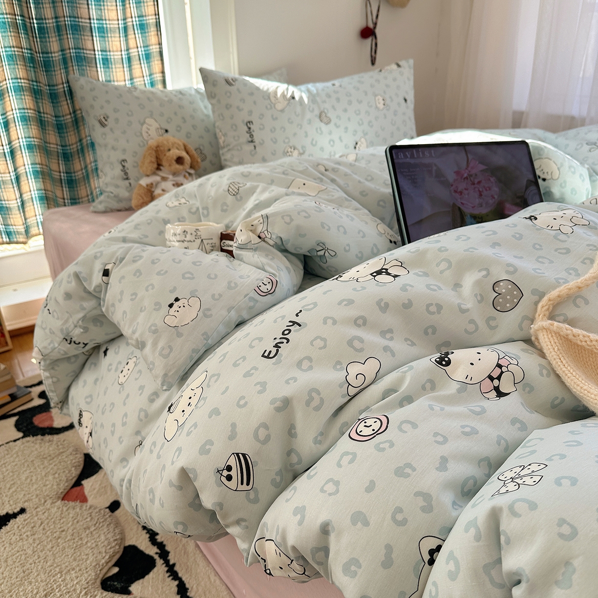 91家纺网 家纺一手货源 找家纺 桃子家居 2026新款ins小清新费尔岛猫咪全棉纯棉印花四件套 棉-蓝豹纹猫