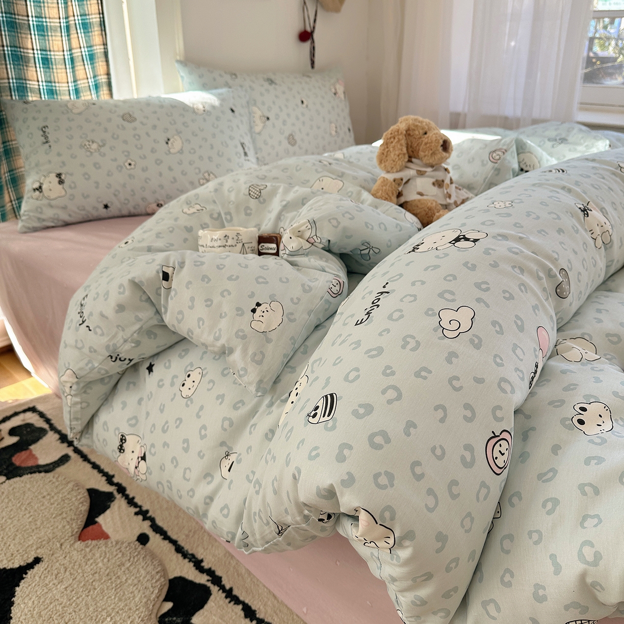 91家纺网 家纺一手货源 找家纺 桃子家居 2026新款ins小清新费尔岛猫咪全棉纯棉印花四件套 棉-蓝豹纹猫