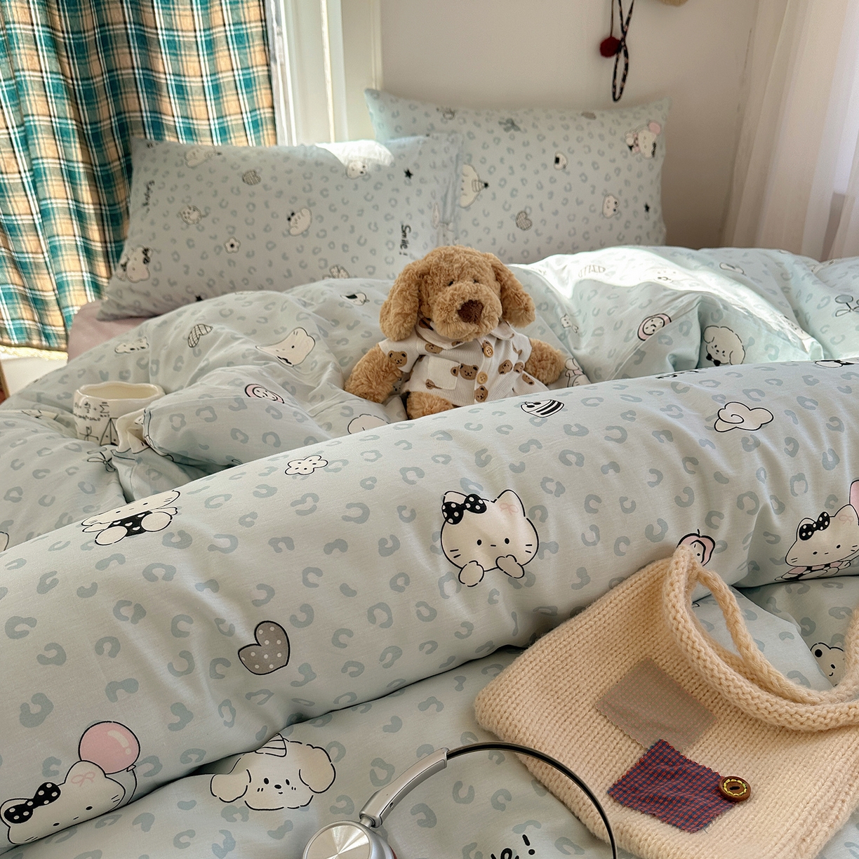 91家纺网 家纺一手货源 找家纺 桃子家居 2026新款ins小清新费尔岛猫咪全棉纯棉印花四件套 棉-蓝豹纹猫