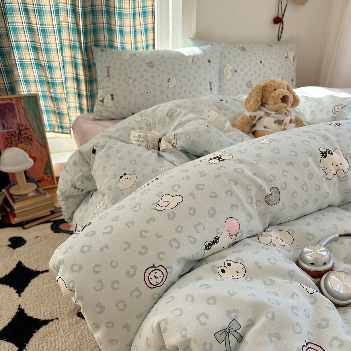 91家纺网 家纺一手货源 找家纺 桃子家居 2026新款ins小清新费尔岛猫咪全棉纯棉印花四件套 棉-蓝豹纹猫