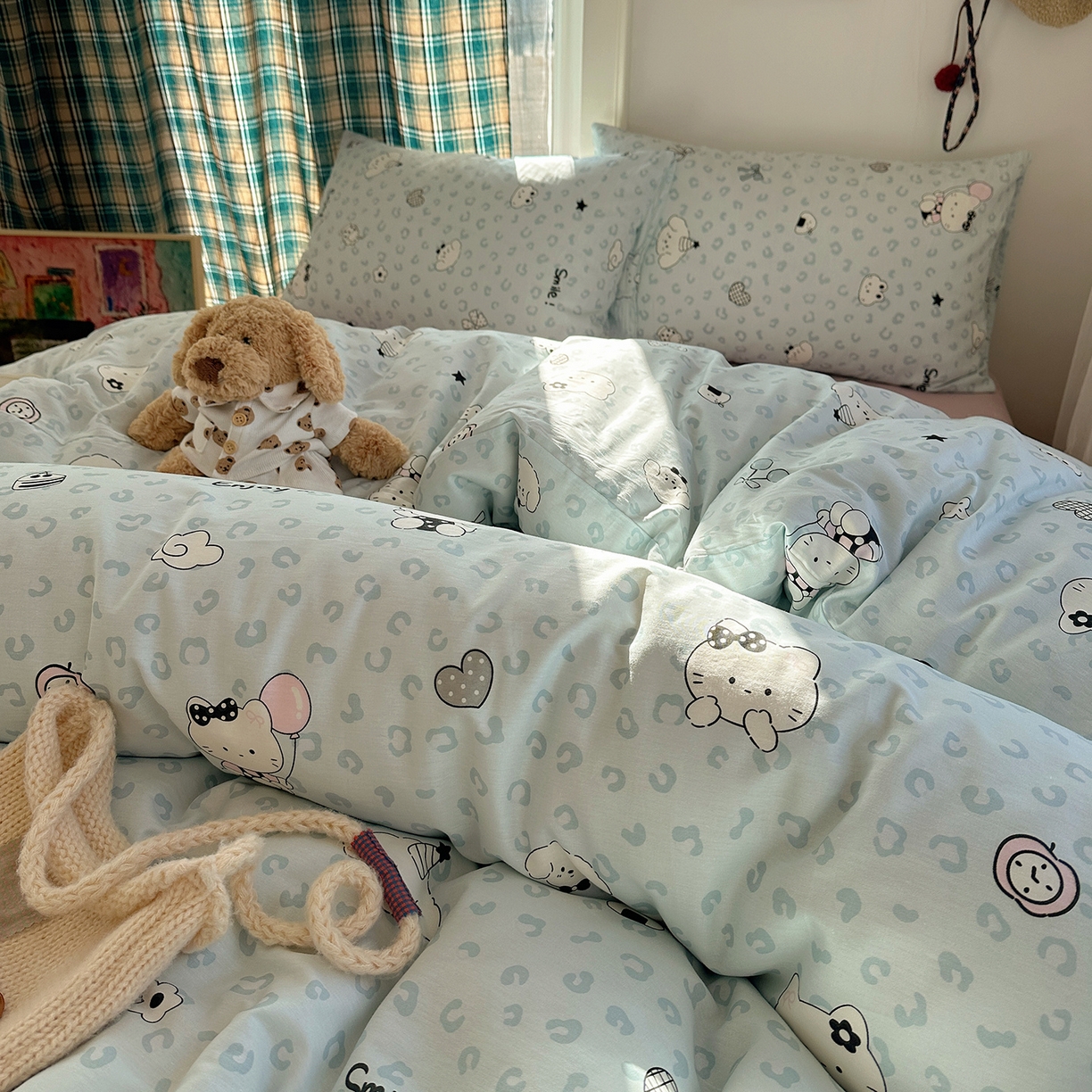 91家纺网 家纺一手货源 找家纺 桃子家居 2026新款ins小清新费尔岛猫咪全棉纯棉印花四件套 棉-蓝豹纹猫