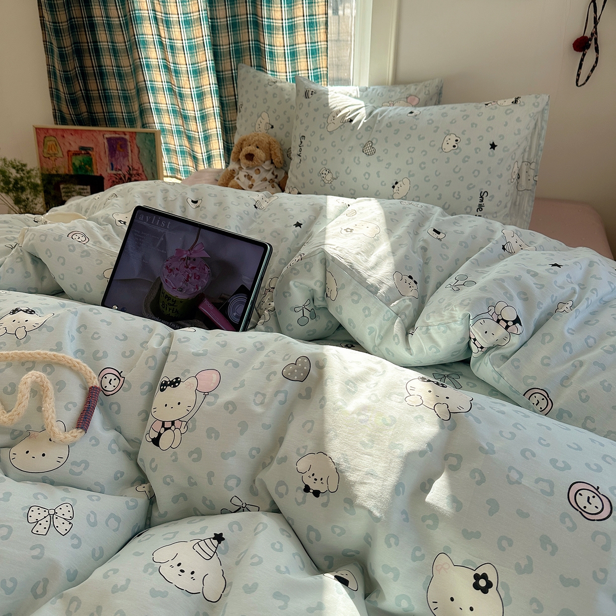 91家纺网 家纺一手货源 找家纺 桃子家居 2026新款ins小清新费尔岛猫咪全棉纯棉印花四件套 棉-蓝豹纹猫