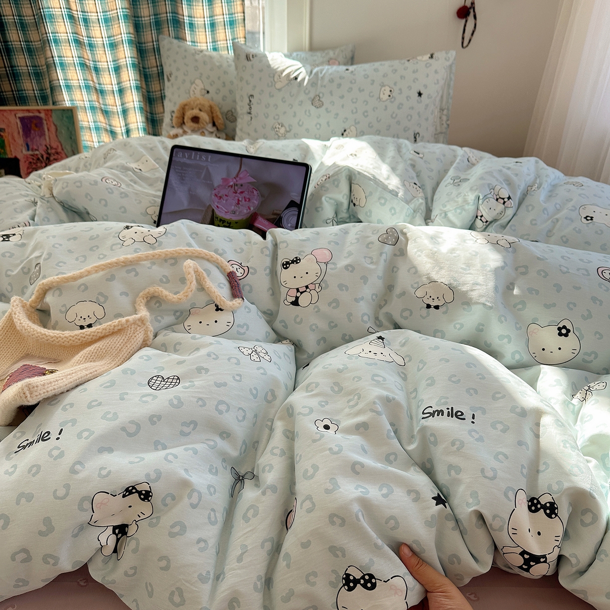 91家纺网 家纺一手货源 找家纺 桃子家居 2026新款ins小清新费尔岛猫咪全棉纯棉印花四件套 棉-蓝豹纹猫