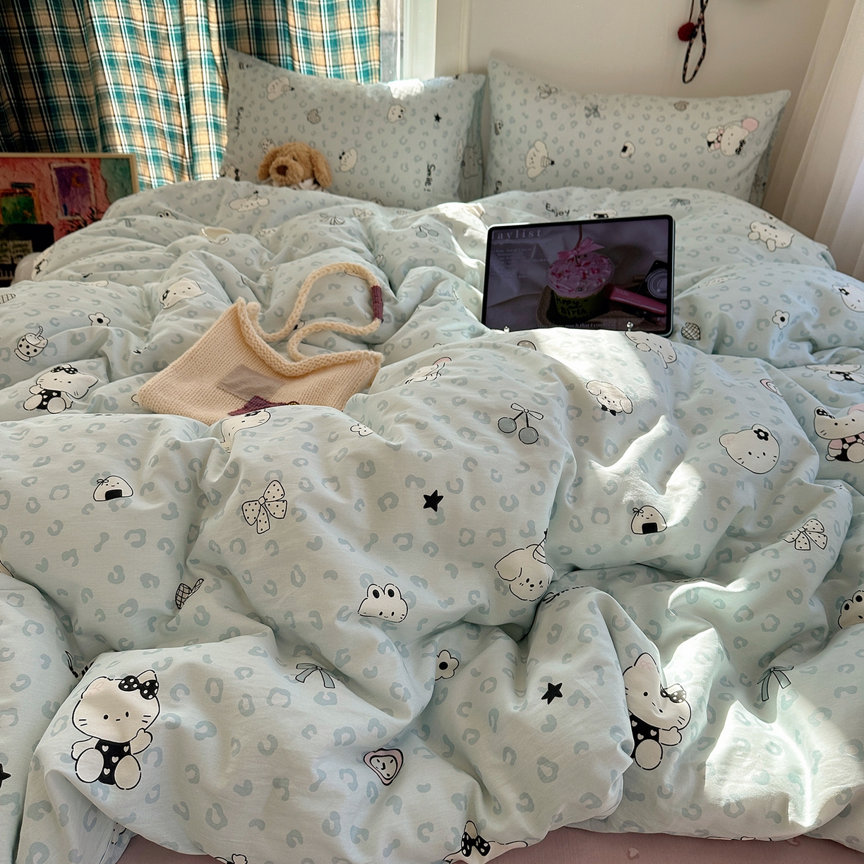 91家纺网 家纺一手货源 找家纺 桃子家居 2026新款ins小清新费尔岛猫咪全棉纯棉印花四件套 棉-蓝豹纹猫