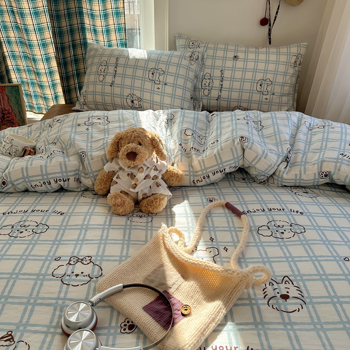 91家纺网 家纺一手货源 找家纺 桃子家居 2026新款ins小清新费尔岛猫咪全棉纯棉印花四件套 棉-蓝格线条狗