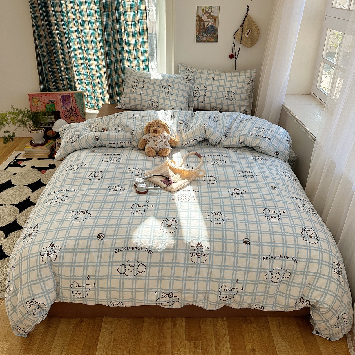 91家纺网 家纺一手货源 找家纺 桃子家居 2026新款ins小清新费尔岛猫咪全棉纯棉印花四件套 棉-蓝格线条狗