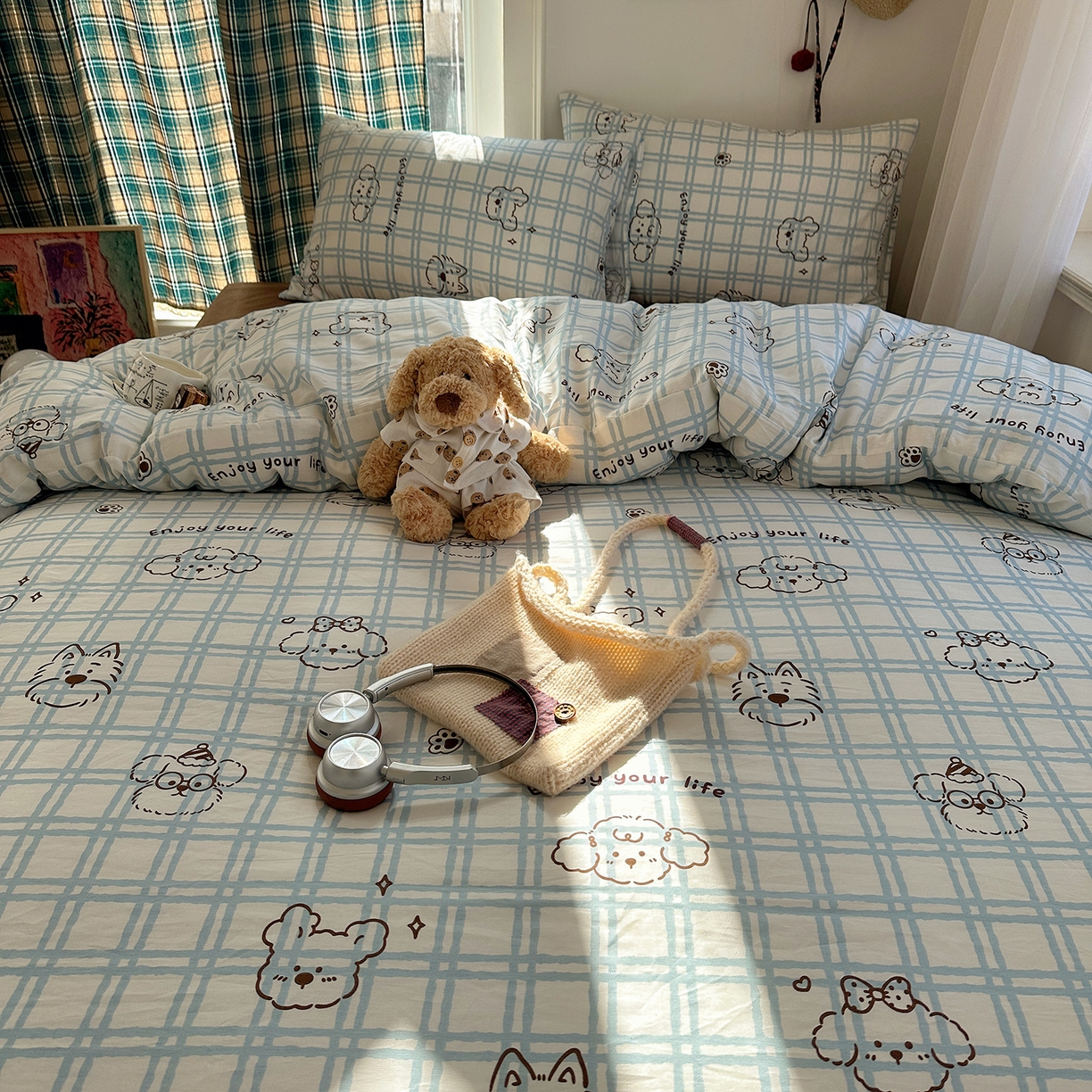 91家纺网 家纺一手货源 找家纺 桃子家居 2026新款ins小清新费尔岛猫咪全棉纯棉印花四件套 棉-蓝格线条狗