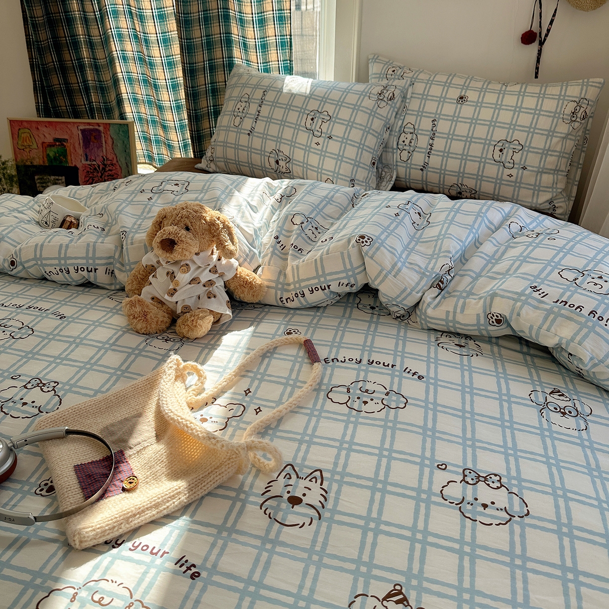 91家纺网 家纺一手货源 找家纺 桃子家居 2026新款ins小清新费尔岛猫咪全棉纯棉印花四件套 棉-蓝格线条狗