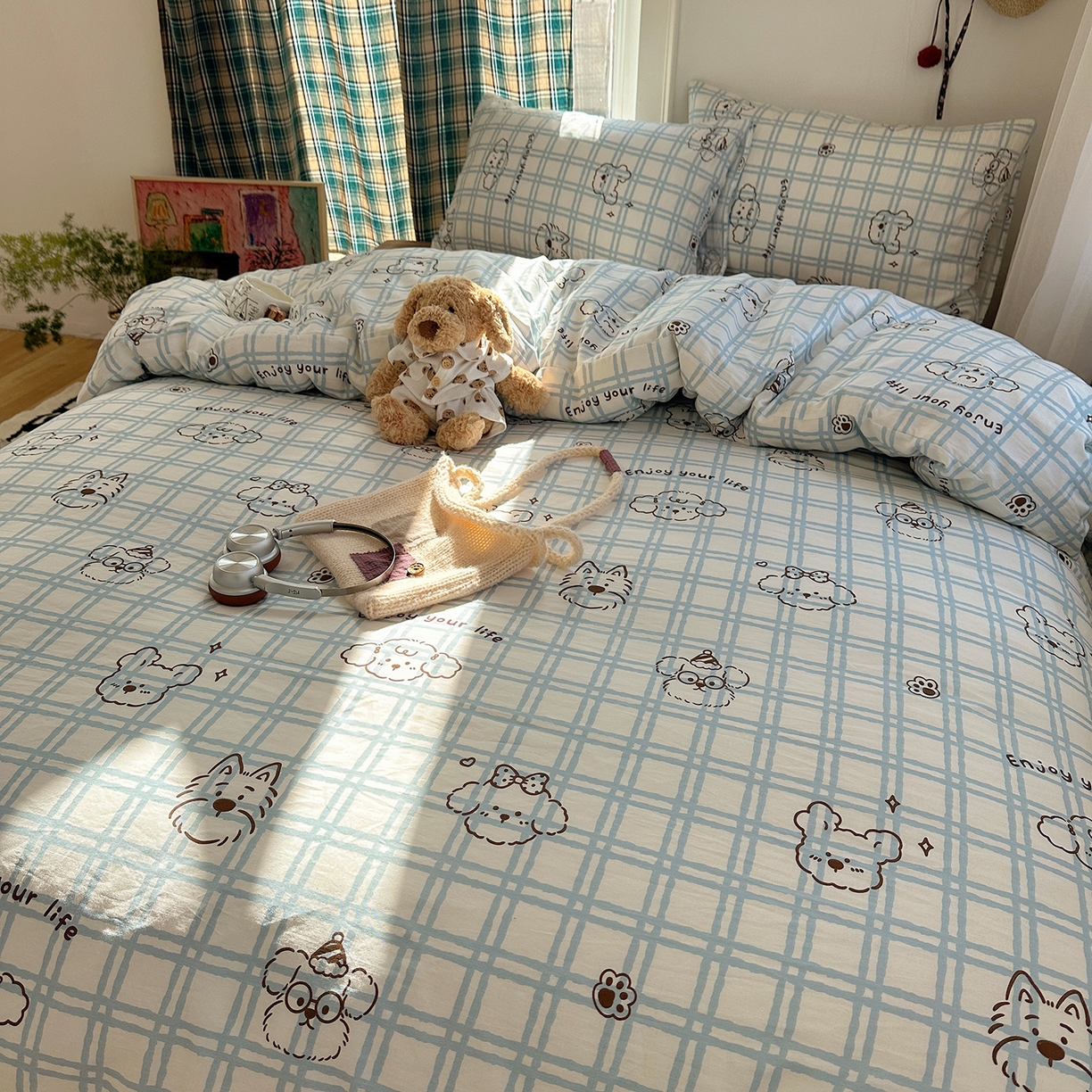 91家纺网 家纺一手货源 找家纺 桃子家居 2026新款ins小清新费尔岛猫咪全棉纯棉印花四件套 棉-蓝格线条狗