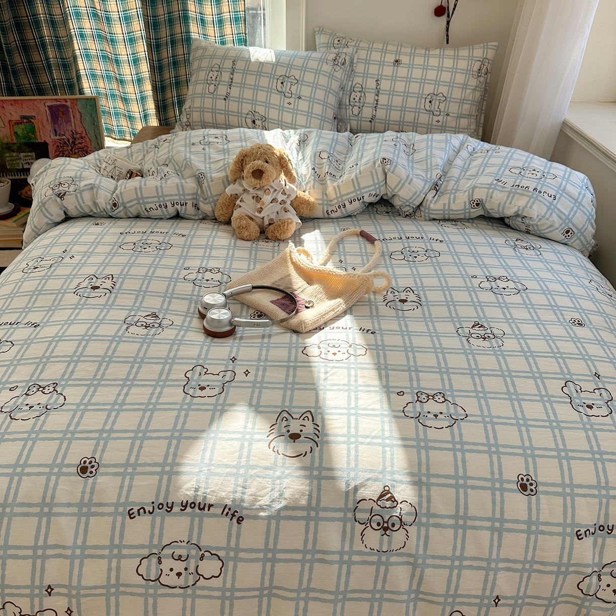 91家纺网 家纺一手货源 找家纺 桃子家居 2026新款ins小清新费尔岛猫咪全棉纯棉印花四件套 棉-蓝格线条狗