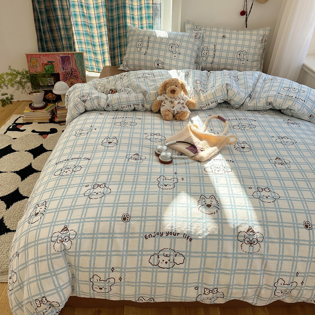 91家纺网 家纺一手货源 找家纺 桃子家居 2026新款ins小清新费尔岛猫咪全棉纯棉印花四件套 棉-蓝格线条狗