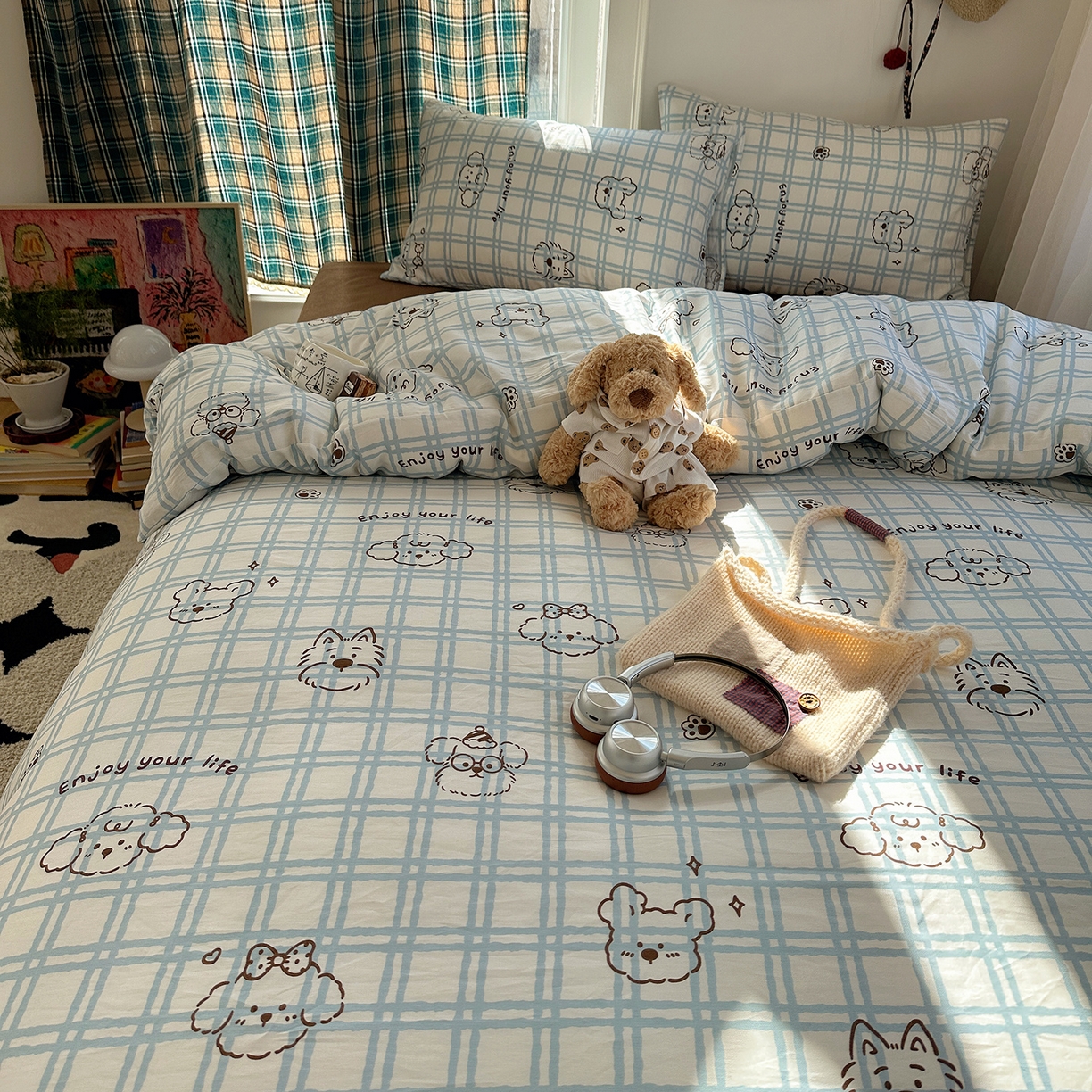 91家纺网 家纺一手货源 找家纺 桃子家居 2026新款ins小清新费尔岛猫咪全棉纯棉印花四件套 棉-蓝格线条狗