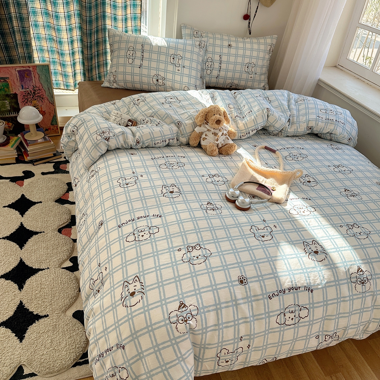 91家纺网 家纺一手货源 找家纺 桃子家居 2026新款ins小清新费尔岛猫咪全棉纯棉印花四件套 棉-蓝格线条狗