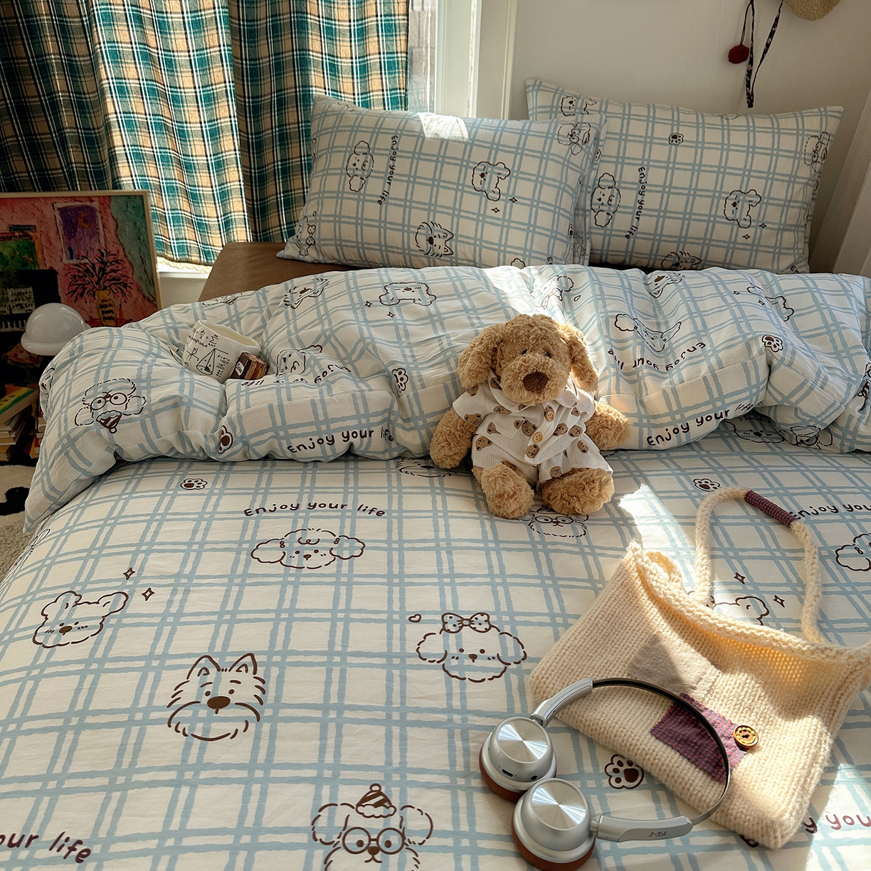 91家纺网 家纺一手货源 找家纺 桃子家居 2026新款ins小清新费尔岛猫咪全棉纯棉印花四件套 棉-蓝格线条狗