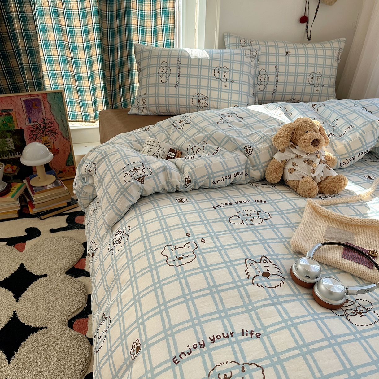 91家纺网 家纺一手货源 找家纺 桃子家居 2026新款ins小清新费尔岛猫咪全棉纯棉印花四件套 棉-蓝格线条狗
