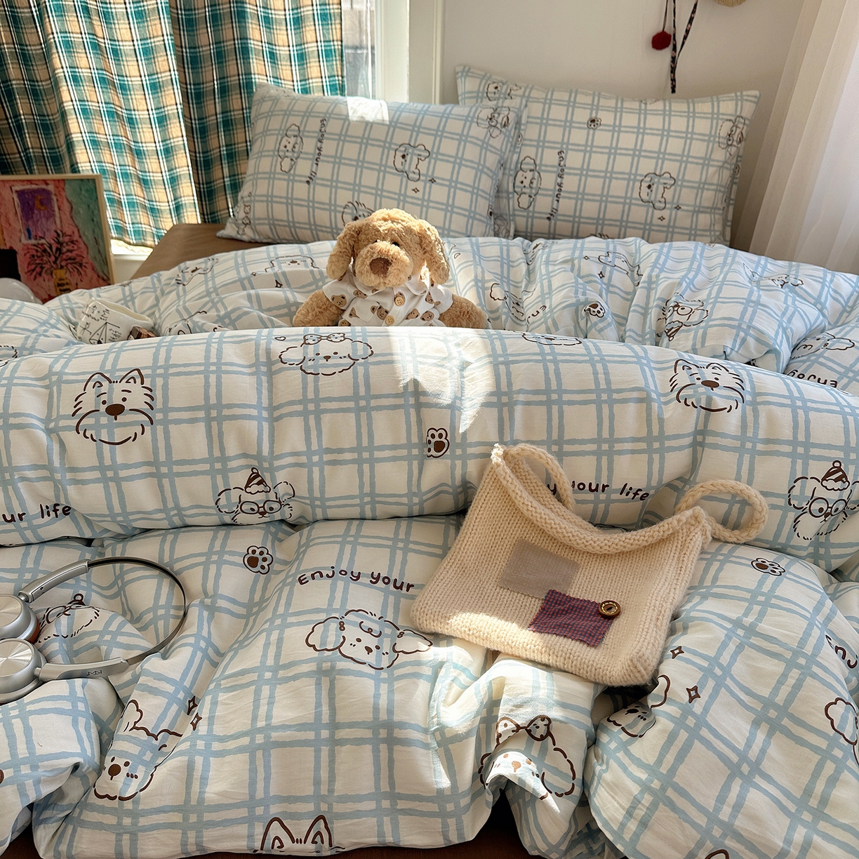 91家纺网 家纺一手货源 找家纺 桃子家居 2026新款ins小清新费尔岛猫咪全棉纯棉印花四件套 棉-蓝格线条狗